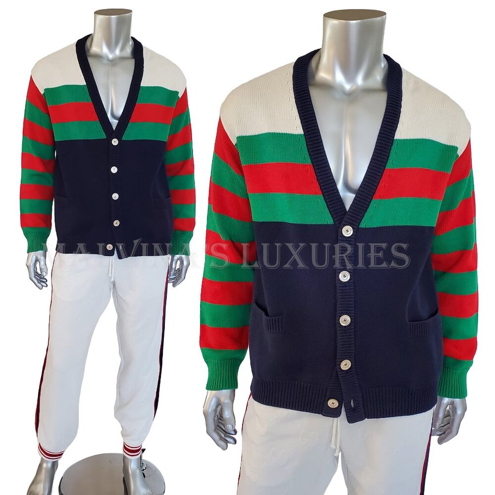 GUCCI MENS SWEATER COTTON WOOL STRIPED V-NECK CARDIGAN sz L LARGE